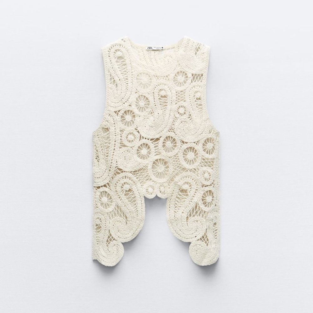 ZARA NEW ASYMMETRIC CROCHET TOP STRAW BEIGE S,M - Picture 7 of 17